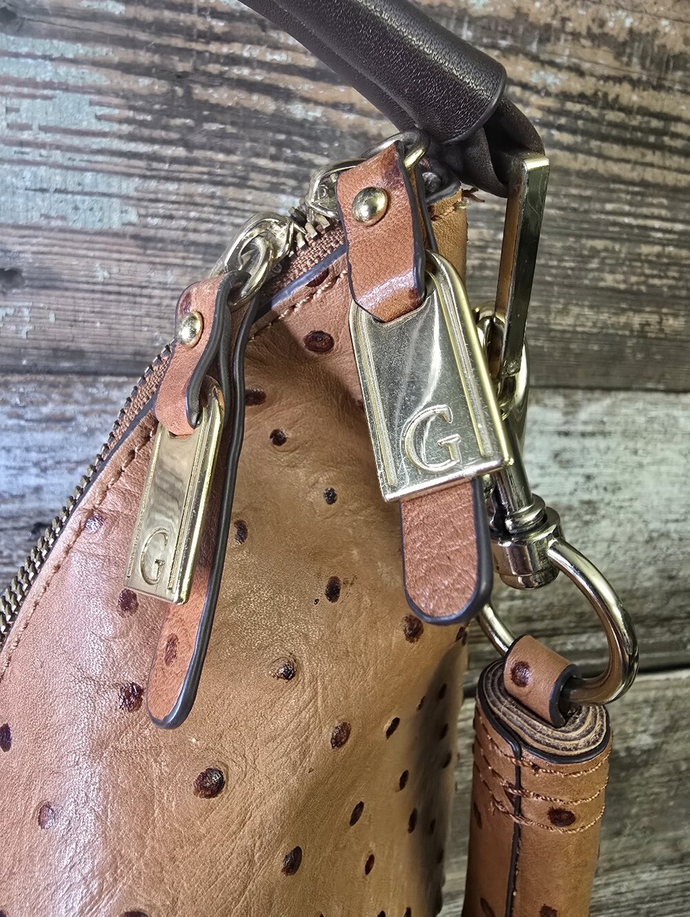 G.I.L.I. Ostrich Embossed Leather Hobo Bag With Tassel, Like New - Picture 2 of 11